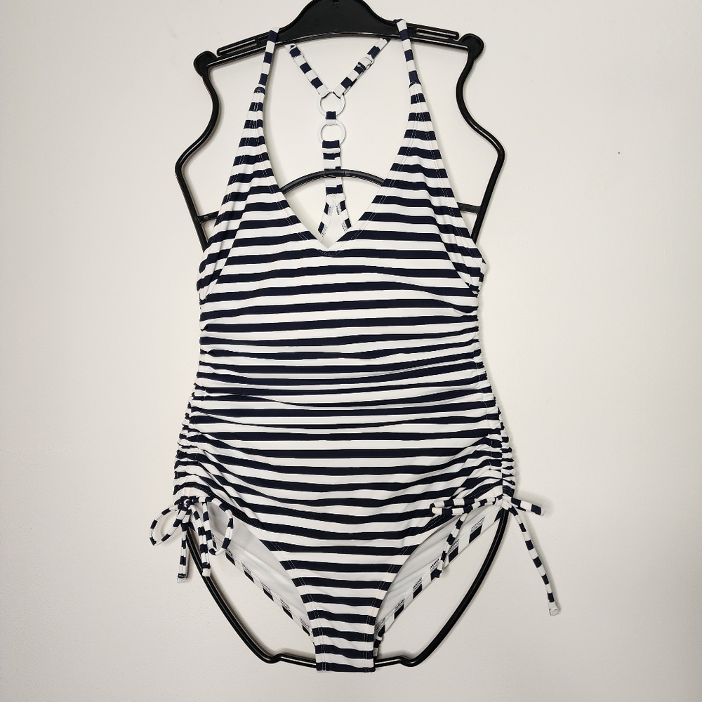 Palisades Beach Club‎ Navy Blue  White Striped One-piece Swimsuit